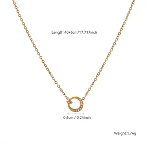Detail view of gold 18K plated necklace with zircon pendant including dimensions