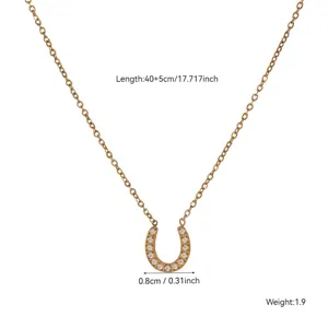 Elegant 18K gold plated titanium steel necklace with a zircon-encrusted horseshoe pendant