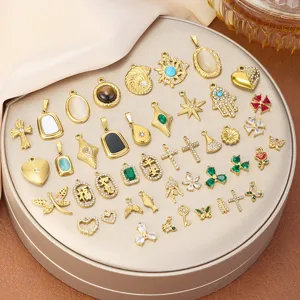 Gold Plated Stainless Steel DIY Pendant Charms For Jewelry Making Heart Cross Star Rhinestone Inlaid Handmade Necklace Bracelet Findings Craft Supplies