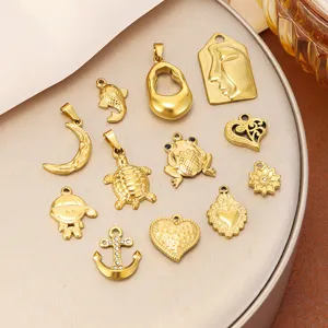 Gold Titanium Steel Pendants Ocean Style Frog Turtle Moon Heart Abstract Face DIY Charms For Jewelry Making Bracelet Necklace Accessories