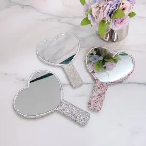 Espejo de Maquillaje de Mano Portátil Cristal Strass Corazón Redondo Cuadrado Espejo Cosmético con Marco ABS