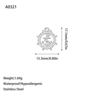 Macro view of stainless steel anchor and rudder charm showing dimensions and weight