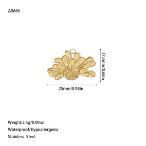 Detailed view of 18K gold plated stainless steel sunflower pendant with size dimensions