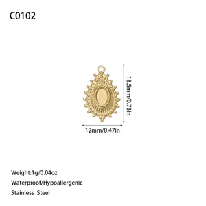 Close-up view of a gold sunburst stainless steel pendant with precise measurements