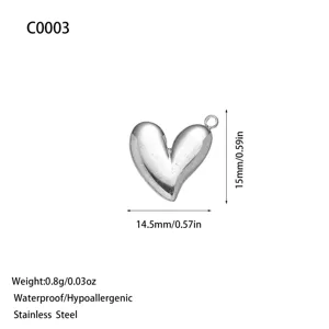 Polished silver stainless steel heart charm for DIY jewelry making with dimensions shown