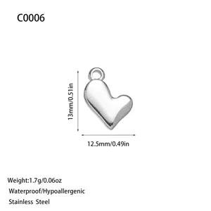 Small silver stainless steel heart pendant showing dimensions of 13mm and 1.7g weight
