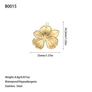 Detailed view showing gold flower pendant dimensions and stainless steel attributes