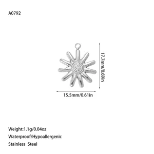 Detailed dimensions of stainless steel sunflower pendant 17.7mm x 15.5mm silver tone