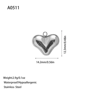 Silver stainless steel heart pendant for DIY jewelry with size and weight specifications