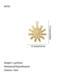 Detail view of 18K gold plated stainless steel sun pendant with dimensions and weight info