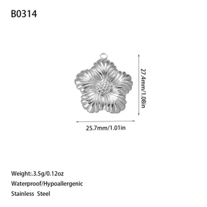 Technical detail of stainless steel flower pendant showing dimensions and weight