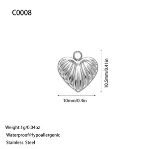 Small ribbed heart pendant in stainless steel for DIY jewelry making, silver finish
