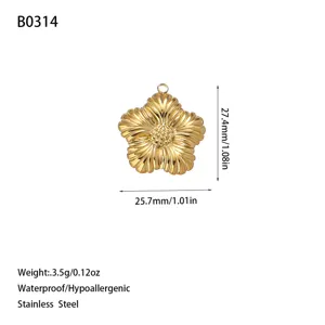 Detailed measurements and specifications for the gold flower stainless steel pendant charm
