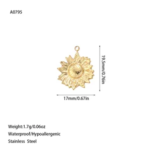 Detailed view of gold plated sunflower pendant with dimensions and specifications