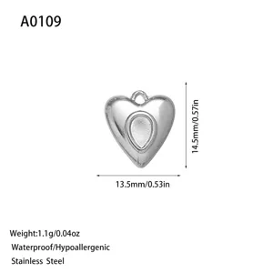 Polished silver stainless steel heart pendant for DIY jewelry making, 13.5mm width.