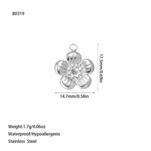 Detail view of a stainless steel flower pendant with size and weight specifications