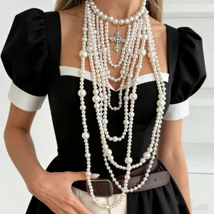 Collar de Perlas Barrocas Artificiales Multicapa Vintage Francés Elegante Colgante de Cruz de Estrás Joyería para Mujer Regalo de Fiesta