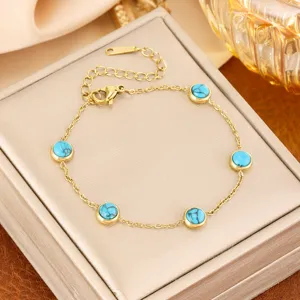 Detailed view of elegant gold titanium steel bracelet with five round turquoise stones