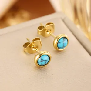 Light luxury turquoise stud earrings in gold titanium steel with minimalist design