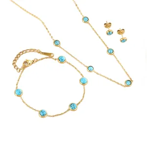 Gold-plated stainless steel jewelry set with round turquoise stones