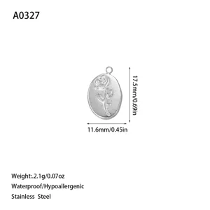 Detail view of rose engraved stainless steel pendant with size and weight specs.