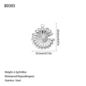 Stainless steel daisy pendant detail showing 18.5mm width and 20.6mm total height.