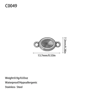 Dibujo técnico con dimensiones y peso de un conector ovalado de acero inoxidable plata
