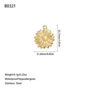 Close-up of 18K gold plated stainless steel sunflower pendant with size dimensions.