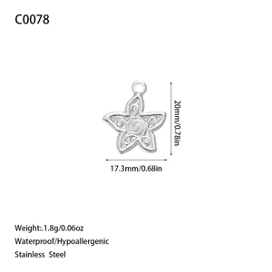 Detailed view of silver stainless steel star pendant with dimensions 20x17.3mm.