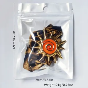 Detailed view of luminous sun pendant jewelry in packaging with measurements and weight