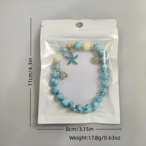 Macro detail of beach style luminous beaded bracelet with size and weight annotations