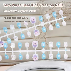 Handmade 3D Cartoon Bear Bow Press On Nails Taro Purple Pink Blue Glitter Cute False Nails For Kids Girls Women Daily Decoration