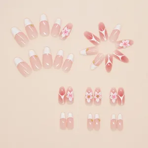 Volledige set 3D bloem amandel nepnagels met zacht roze verloop en kleine gouden kralen