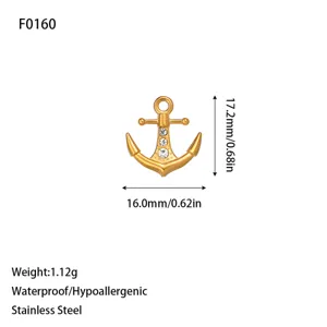 Detailed view of 18K gold plated stainless steel anchor charm with dimensions