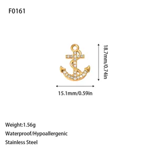 Detail view of 18K gold plated stainless steel anchor charm with size and weight specs.