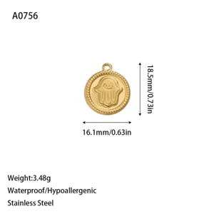 Detailed view of gold stainless steel Hamsa charm with dimensions and specifications