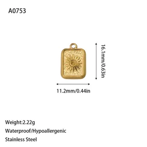 Detailed view of a gold-plated stainless steel sun pendant including size and weight specs