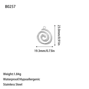 Stainless steel spiral pendant detail showing 23mm size, 1.84g weight, and hypoallergenic features