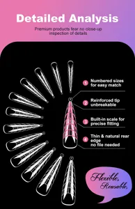 Detailed diagram of transparent nail tips with built-in scales and numbered sizes