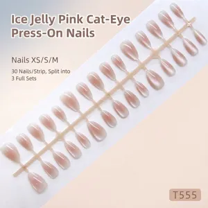 Detail showing 30 pieces of ice translucent pink cat-eye press-on nails in various sizes.