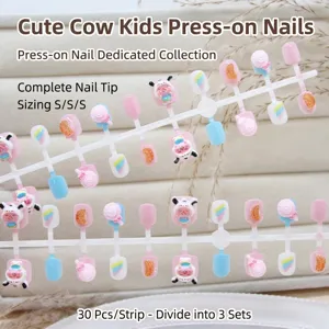 Handmade Children Press On Nails Cute Cartoon Cow Orange Candy Patterns Sweet Artificial Fake Nails For Kids Girls Nail Art Decor