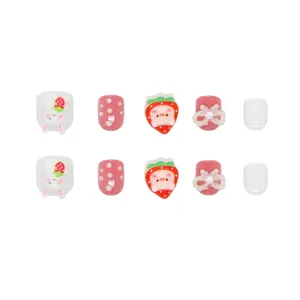 Cute kids press-on toe nails with strawberry pig rabbit designs and sweet bow accents