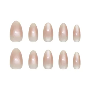 Handmade almond press-on nails with ice-transparent cat-eye blush gradient