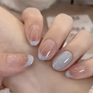 Faux Ongles à Presser Bleu Laiteux Dégradé Français Pois Amovibles en Plastique ABS pour Femmes Manucure d'Été Avec Colle
