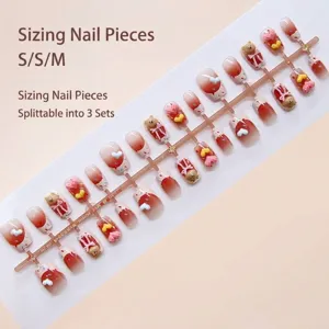 Handmade Press On Nails Candy Cream Style With 3D Bear Heart Bow Decor Removable Fake Nails For Women Daily Party Manicure