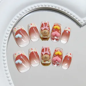 French press-on nails with 3D cute bear and colorful heart charms decoration