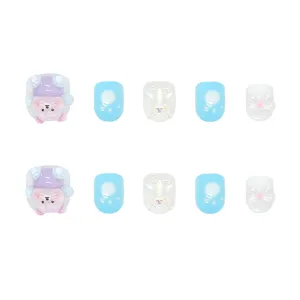 Handmade cute bear and iridescent ribbon press-on nails set in taro purple and blue for kids
