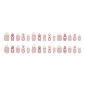30 stuks luxe 3D-bloemen French almond plaknagels in roze en crème witte afwerking