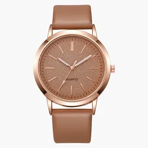 Elegante rotgoldene Damen Quarzuhr mit braunem Lederarmband und Glitzerzifferblatt