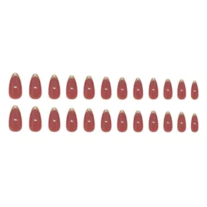 Set of 24 Elegant Rose Pink Almond Press-on Nails with Gold Glitter French Tips